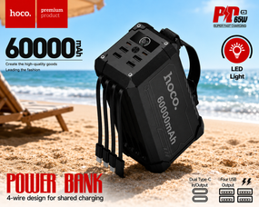 Мощный повербанк Hoco 60000mAh 65W (с LED-фонарём и встроенными кабелями)