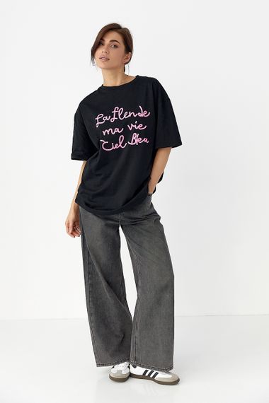 Трикотажна футболка oversize з написом - чорний цвет, ONE SIZE (є розміри) | Зображення 1