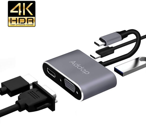 4в1: мультифункциональный адаптер для ноутбука USB Type-C хаб Addap MH-02: HDMI + VGA + USB 3,0 + USB-C PD | Зображення 1