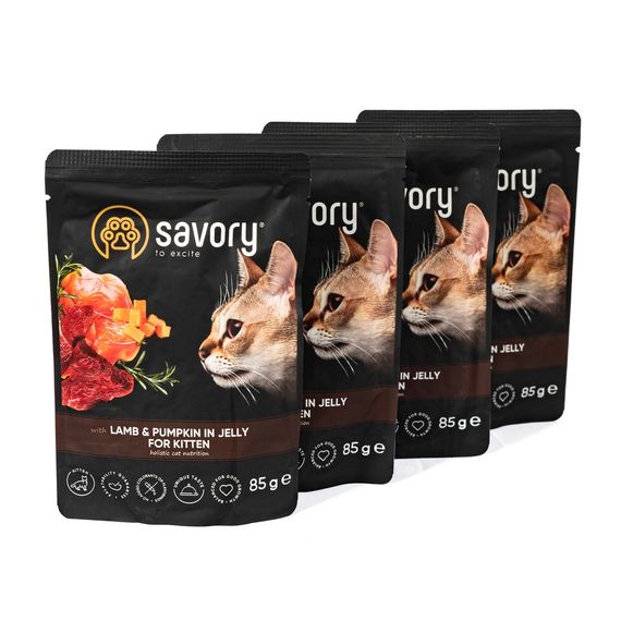 Набір паучів 3+1 Savory Kitten Lamb and Pumpkin in Jelly для кошенят шматки в желе з ягням та гарбузом 4х85 г | Зображення 2