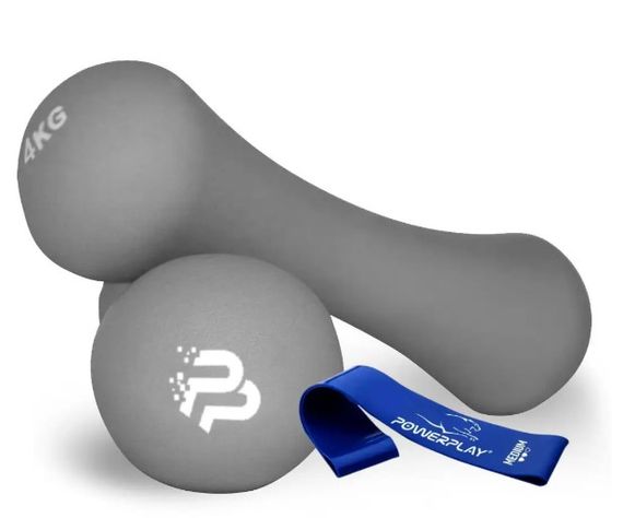 Гантелі неопренові PowerPlay 4126 Spartacus 2*4 кг Сірі 2 шт + Резинка для фітнесу 7,5 кг (PP_4126_4kg_2in)