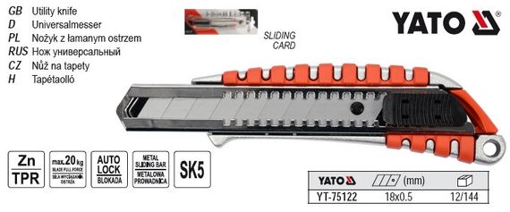 Нож YATO Польща ниж висувне лезо h=18 мм SK5 Zn/TPR/ABS YT-75122