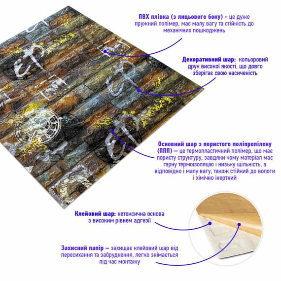 Самоклеюча декоративна 3D панель під сіро-помаранчеву цеглу графіті 700х770х6мм (026) SW-00000078 | Зображення 1
