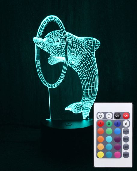 Акриловий світильник-нічник з пультом 16 кольорів Дельфін з кільцем tty-n000987