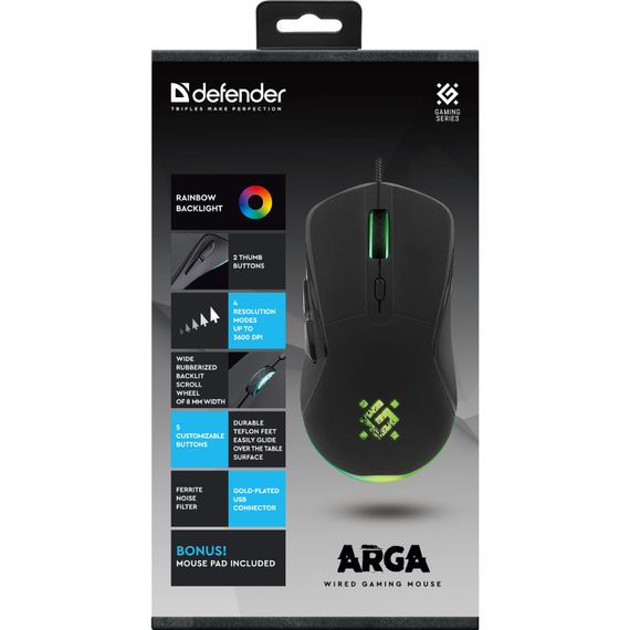 Мишка Defender Arga GM-049, 6кн. 3600 dpi, +коврик, rainbow, чорна | Зображення 6
