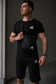 Комплект чоловічий Adidas: футболка чорна + шорти чорні + барсетка чорна (9643259898)