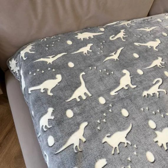 Флісовий плед полуторний 150х100, що світиться в темряві Динозаври сірий | Зображення 3