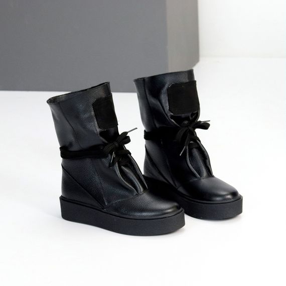 Дизайнерські зимові чорні високі черевики натуральна шкіра флотар | Зображення 3