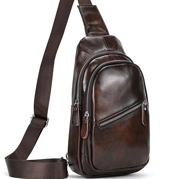 Мужской кожаный слинг на одно плечо сумка-слинг коричневая TIDING BAG 62867