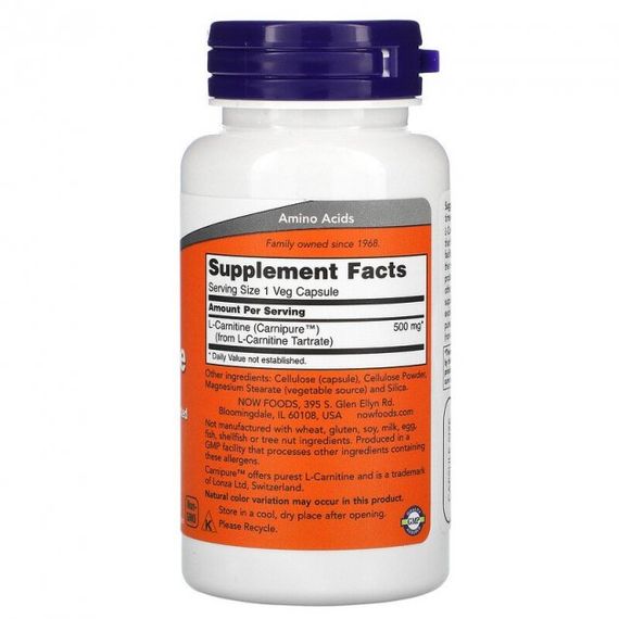 Карнітін NOW Foods L-Carnitine 500 mg 60 Veg Caps | Зображення 1
