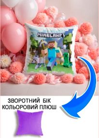 Подушка плюшева Мерч Крафт Дизайн з принтом Майнкрафт Minecraft 1 бузковий плюш квадратна 33х33 см