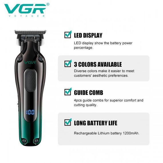 Тример VGR V-998 Green з 4 насадками та LED-дисплеєм (46244-V-998 GREEN_367) | Зображення 4