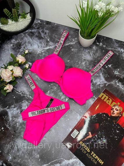 Комплект купальник Виктория Сикрет со стразами и Пуш-Ап, подарочный комплект Victoria`s Secret.Бразилиана Розовый, 80C