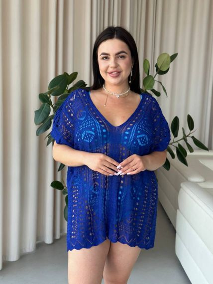 Пляжна коротка синя туніка PLUS SIZE тоненька в'язка | Зображення 4