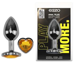Анальная пробка EGZO Dark Silver Heart Plug S с жёлтым кристаллом, нержавеющая сталь, 70 мм Sex Aura