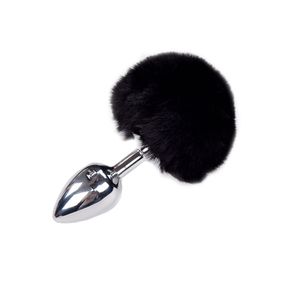 Металлическая анальная пробка Кроличий хвостик Alive Fluffy Plug S Black, диаметр 2,8 см, Черный, M