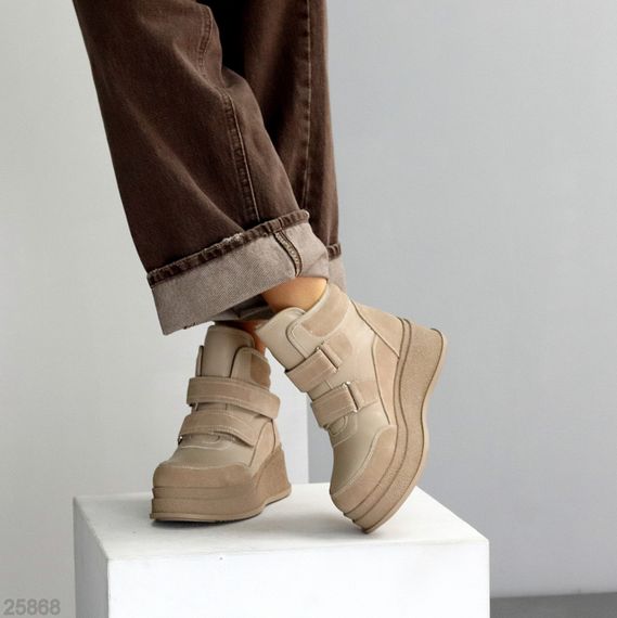 Бежеві зимові черевики снікерси на липучках натуральна шкіра + замша | Зображення 3