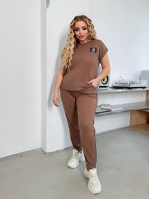 Женский спортивный костюм с лампасами штаны и футболка KF045 цвет коричневый, размер 56/60