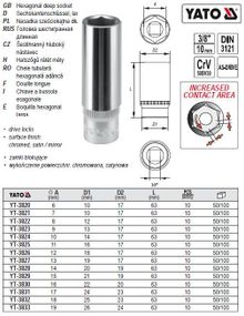 Головка 6-гранна довга 3/8" М18х63 мм Польща YATO YT-3832