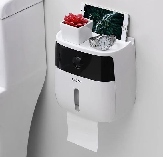 Держатель туалетной бумаги Ecoco настенный с полкой для телефона - White Black | Зображення 1
