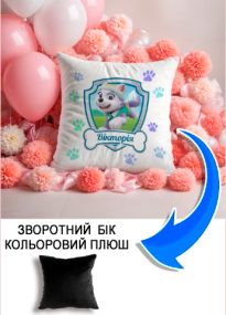 Подушка плюшева Мерч Крафт Дизайн з принтом paw patrol 6 імя Вiкторiя чорний плюш квадратна 33х33 см