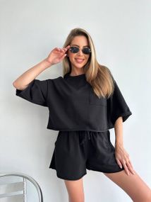 Женский летний костюм шорты и футболка оверсайз LU201 цвет черный, размер onesize S-XL