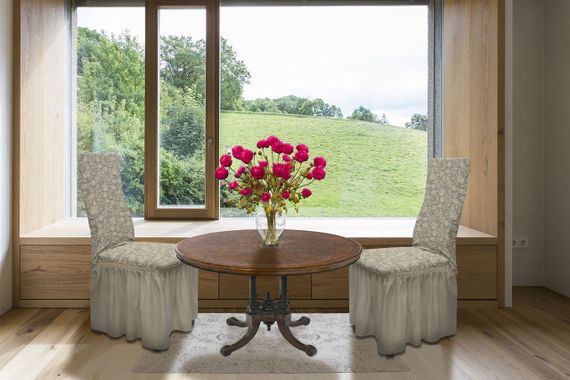 Жаккардовые чехлы на стулья Roza с юбкой Ванильные