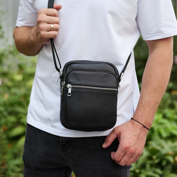 Чоловіча шкіряна барсетка 21х17х7, сумка для міста, компактний месенджер для щоденного використання, чорна | Зображення 1