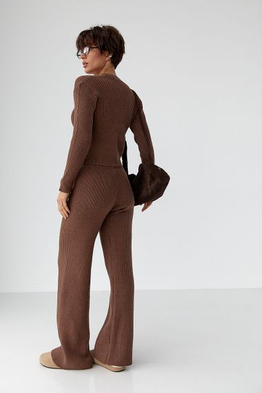 Трикотажний костюм у рубчик із кардиганом і штанами палаццо - коричневий цвет, ONE SIZE (є розміри) | Зображення 1