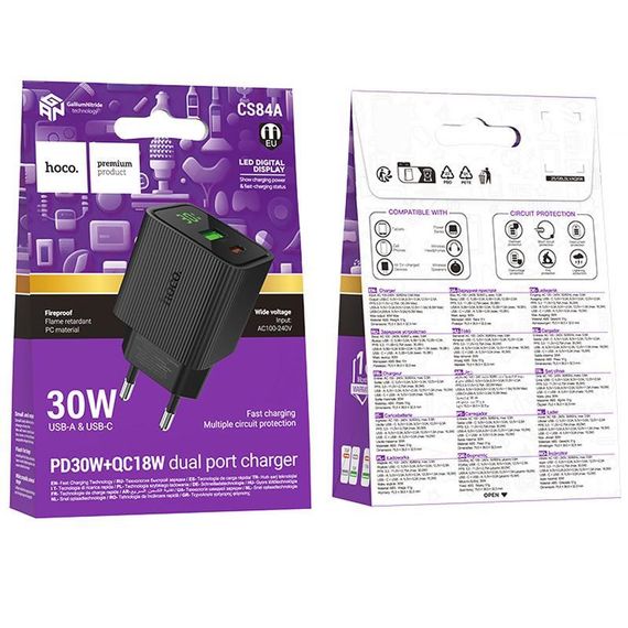 СЗУ Hoco CS84A Excellent with digital display PD30W+QC3.0 (1USB-A/1C) Black | Зображення 1