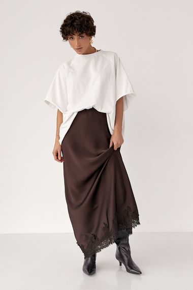 Сатинова спідниця з мереживом - коричневий цвет, L (є розміри) | Зображення 2
