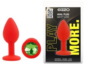 Анальная пробка EGZO Silicone Round Plug S, красная с зеленым кристаллом, медицинский силикон Sex Aura