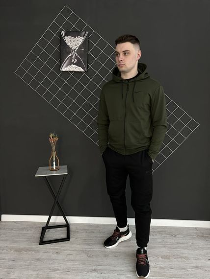 Комплект 3 в 1 Демісезонний спортивний костюм Nike кофта на змійці хакі + чорні штани (двонитка) + Футболка чорна Nike | Зображення 3