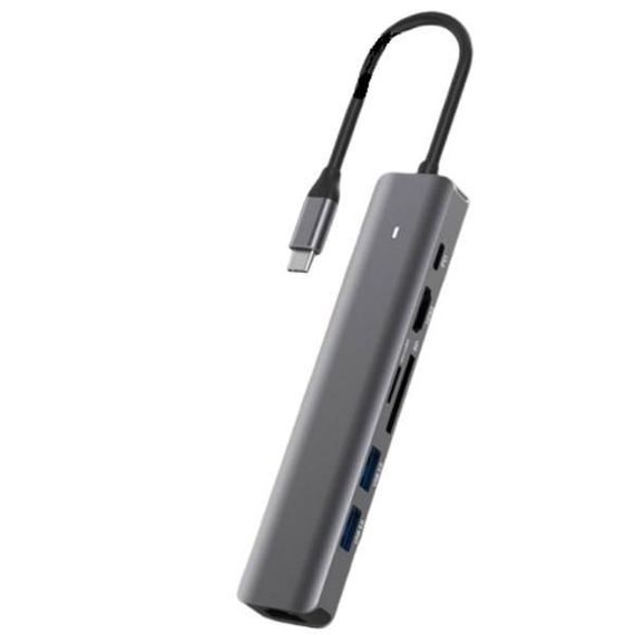 Хаб 7в1 USB AC-500 Type-C to RJ45+HDMI+2xUSB 3.0 XK-AC500-SL XoKo Сірий