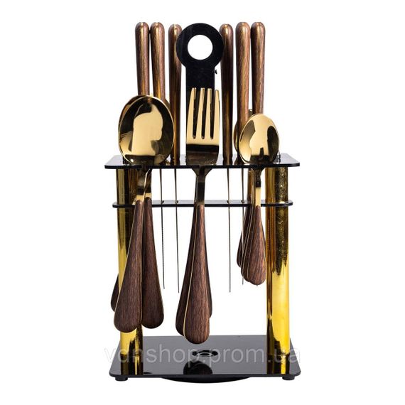 Набір столових приборів на 6 персон з дерев'яними ручками на підставці столові прибори 24 шт Золото HP-20-2 | Зображення 6