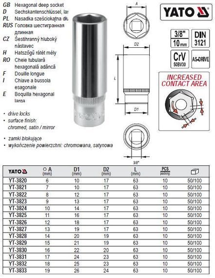 Головка 6-гранна довга 3/8" М16х63 мм Польща YATO YT-3830