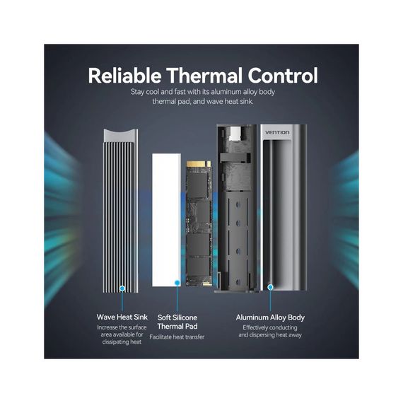Карман внешний Vention SSD M.2 (NVME) M-key USB Type-C 3.2 10Gbps Heat Sink Aluminum (KPKH0) | Зображення 2