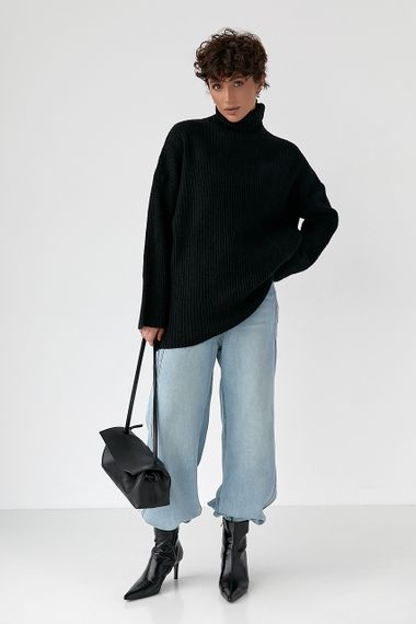 Тепла в'язана туніка в рубчик - чорний цвет, ONE SIZE (є розміри) | Зображення 2