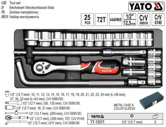Набор головок торцевых YATO Польша 1/2" 25 штук YT-12671