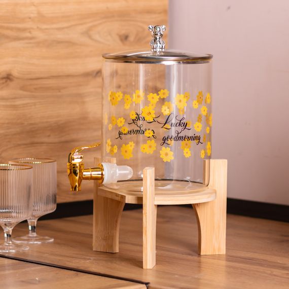 Лимонадница с краном на деревянной подставке 3.6 л стеклянная лимонадница диспенсер для напитков HP-34-17 | Зображення 7