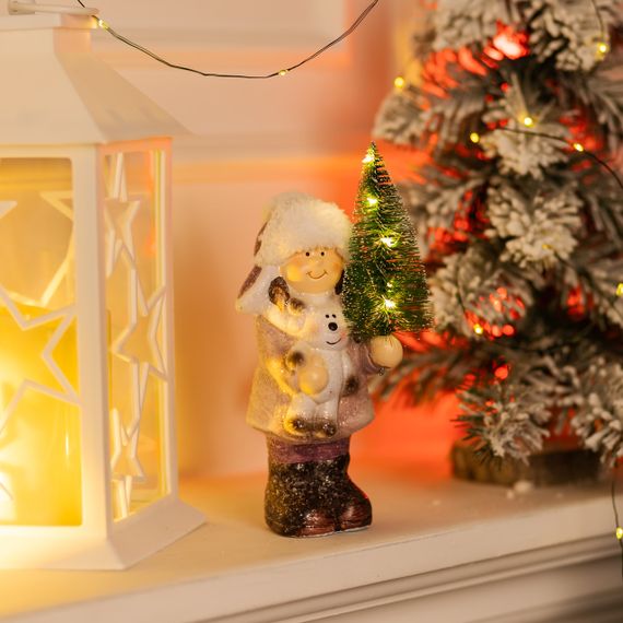 Новорічна фігурка з підсвіткою Дівчинка з ялинкою з фарфору 12×8×23 (см) новорічний декор для дому, квартири, офісу CR-5-3 | Зображення 1