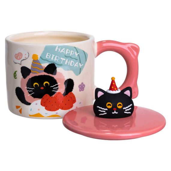 Кубок порцелянова з кришкою Kitten's Birthday 400 (мл) подарункова кружка прикольна чашка для дітей на подарунок Рожевий FM-24C | Зображення 2