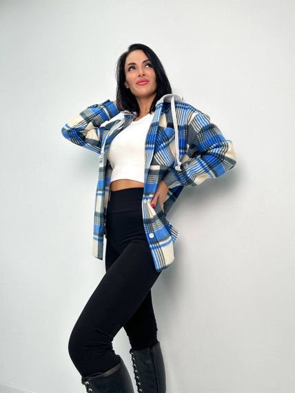 Женская теплая рубашка в клетку с капюшоном флис GF04163 цвет синий, размер 42/44