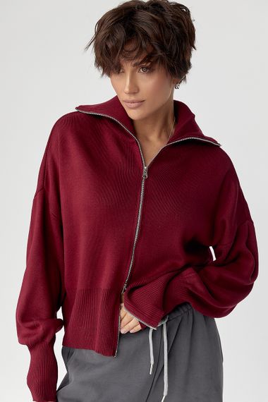 Трикотажний вільний кардиган на блискавці - бордо цвет, ONE SIZE (є розміри) | Зображення 4