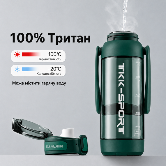 Бутылка TKK 1400 мл - Зеленая Tritan BPA-free, ударопрочная, спортивная с двойной системой переноски | Зображення 7