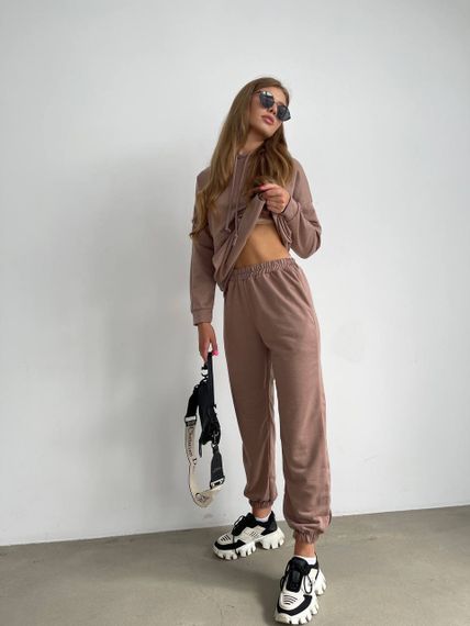 Женский спортивный костюм худи и джоггеры демисезонный двунитка BF536 размер 42/44, цвет капучино | Зображення 2