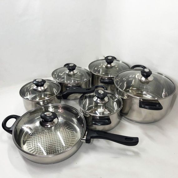 Набір каструль FH-219 з нержавіючої сталі 1.9л, 2.5л, 3.4л, 5.8л, 1.9л сковорода 24см та скляними кришками | Зображення 6