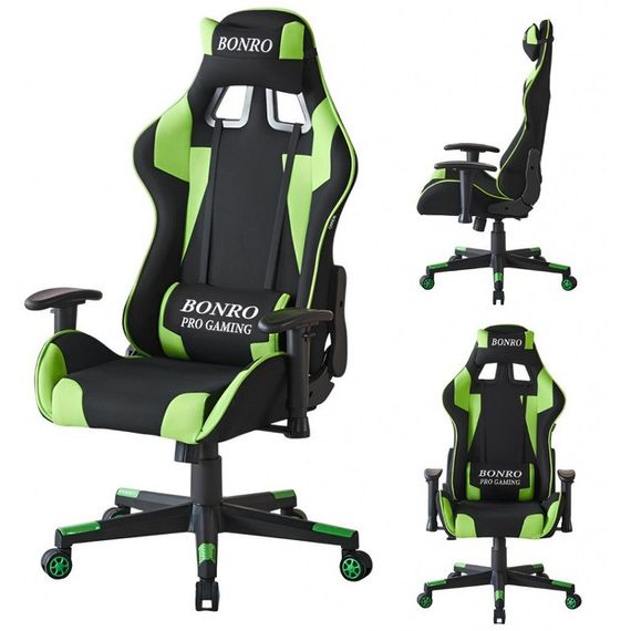 Крісло геймерське з тканини Bonro Бонро B-142 чорно-зелене + 2 подушки (42401115)