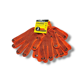 Рукавички, к-кт 3 пари, трикотажнi ХБ, помаранч. колiр, чорна ПВХ крапка на 1й сторонi, оверлок на манжетi червоного кольору, р.10