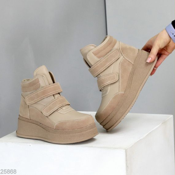 Бежеві зимові черевики снікерси на липучках натуральна шкіра + замша 39